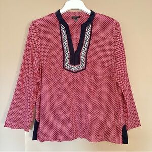 Talbots Women M Tunic Top Red White Blue Embroidered Split Neck 100% Cotton USA